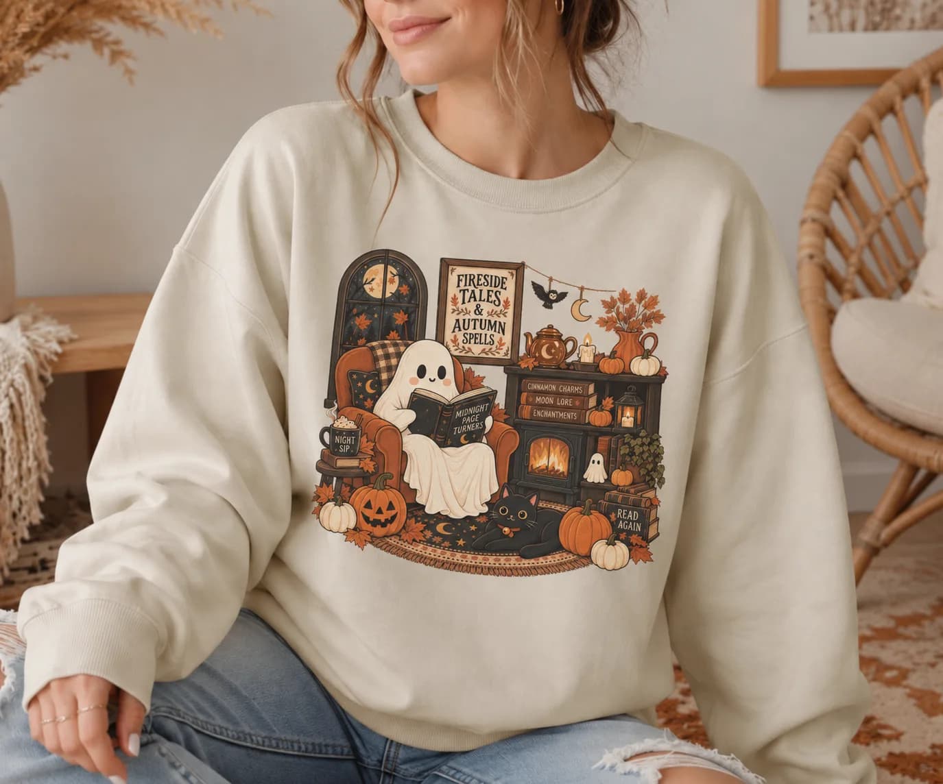 Halloween Sweatshirt, Ghost Reading Fall Shirt, Autumn Cozy Vibes Tee