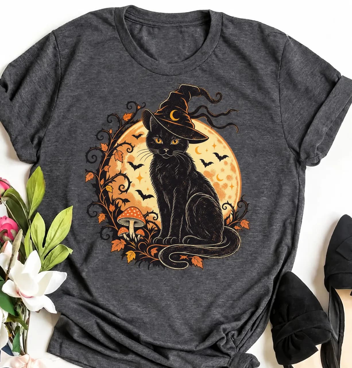 Vintage Black Cat Witch T-Shirt: Retro Halloween Moon Design