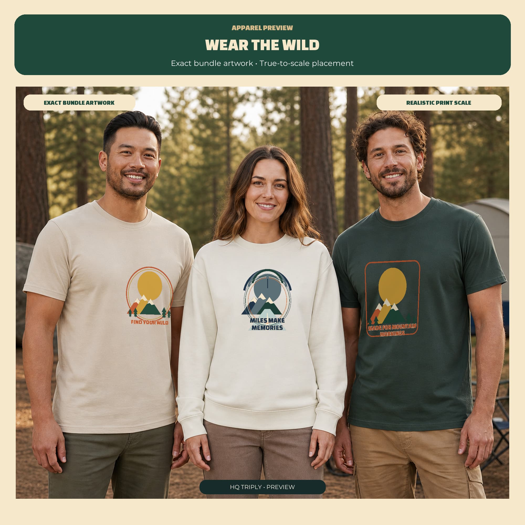 Three adults wearing original HQ Triply wilderness graphics on neutral outdoor apparel