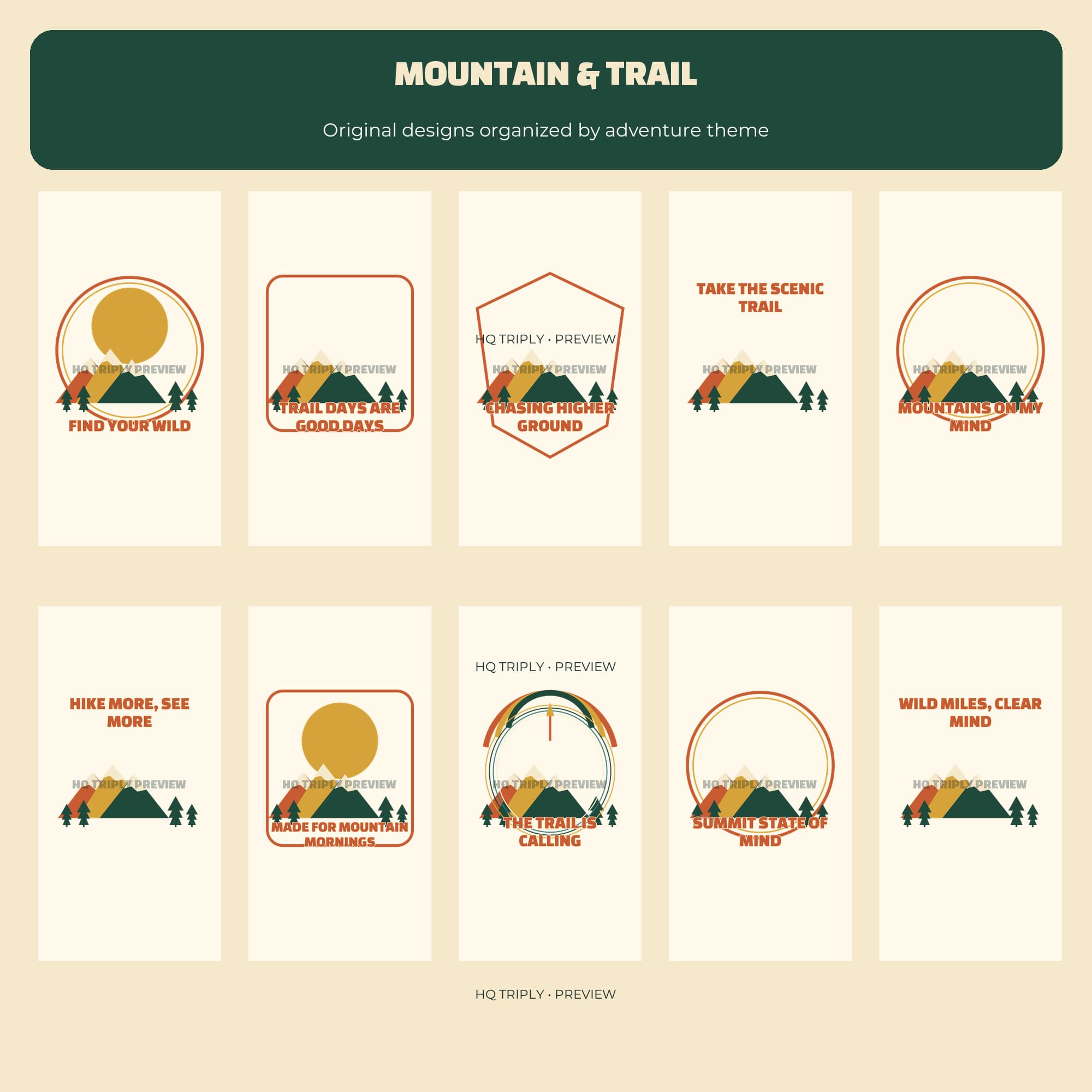 Mountain and trail collection preview with hiking, summit and alpine adventure designs
