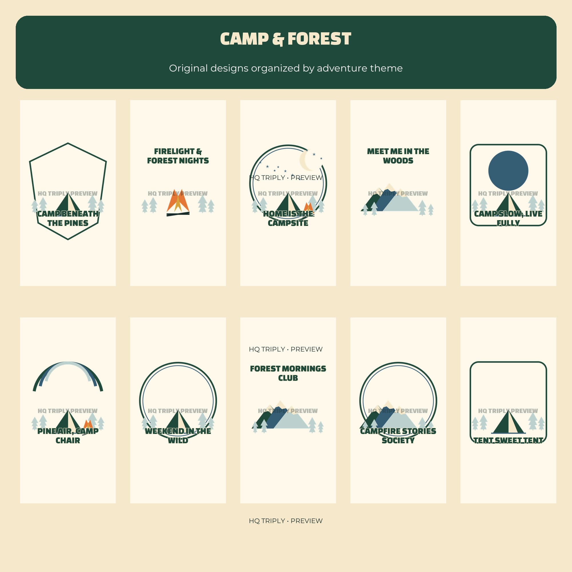 Camp and forest collection preview with tents, campfires and pine woodland graphics