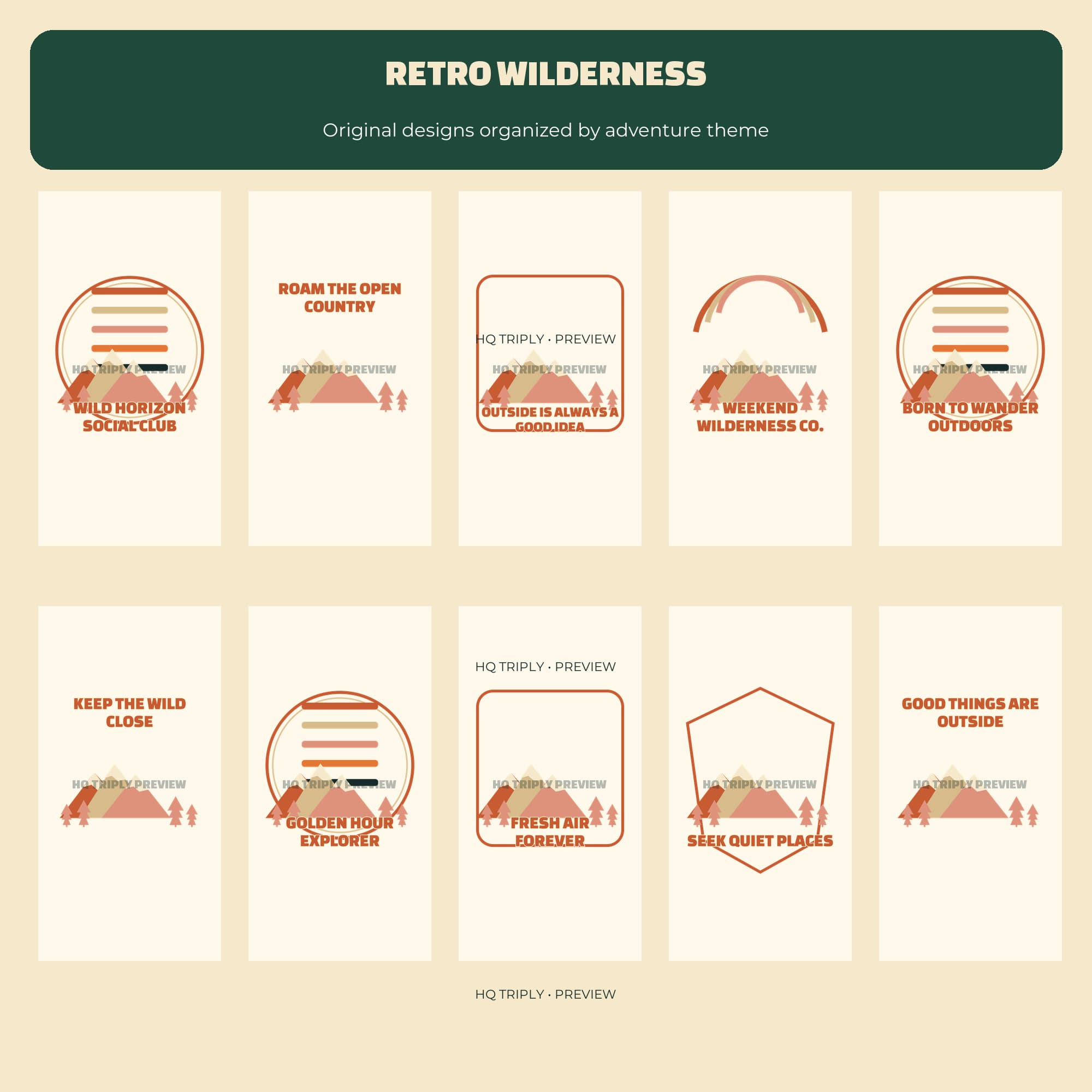 Retro wilderness collection preview with earth-tone sunsets, badges and landscapes