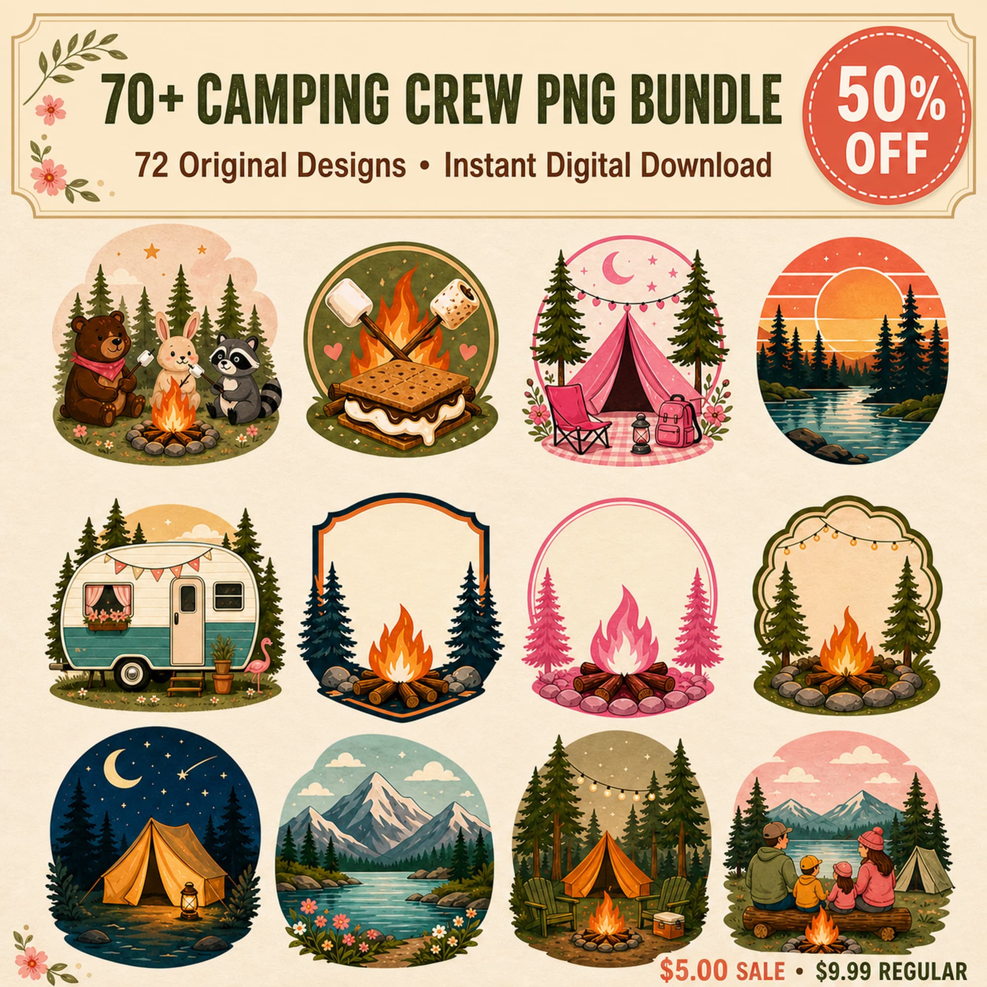 Cover preview of the HQ Triply 72-design Camping Crew PNG bundle with cute, pink, retro and nature camping artwork